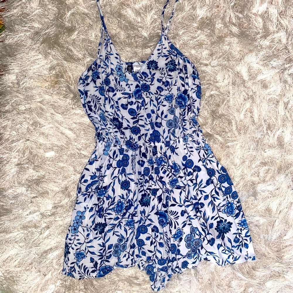 white and blue floral romper